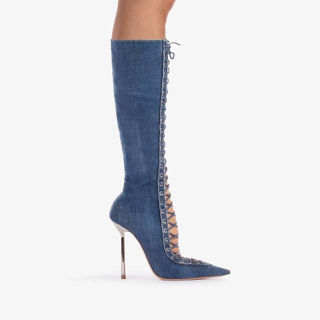 Le Silla Stivale al ginocchio con stringhe denim blu Economico