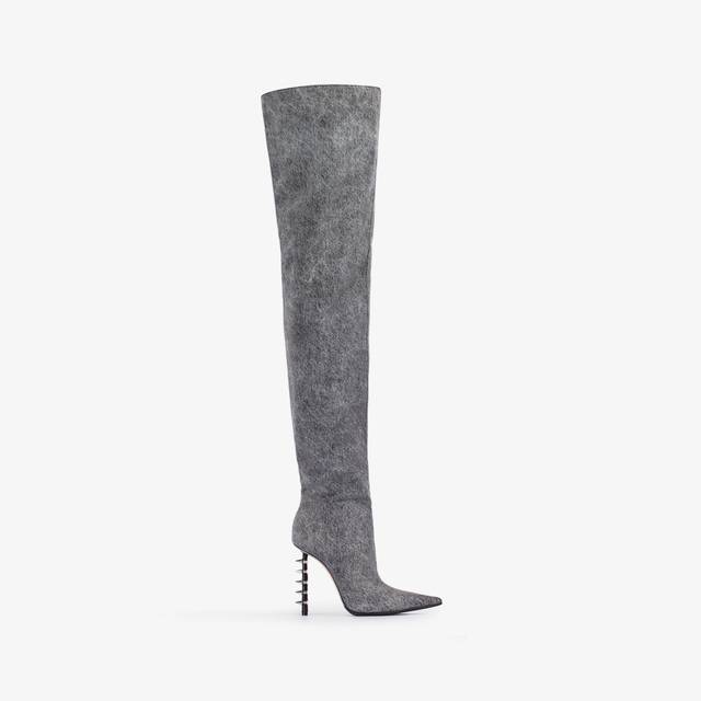 Le Silla Stivale sopra il ginocchio denim stretch nero con borchie