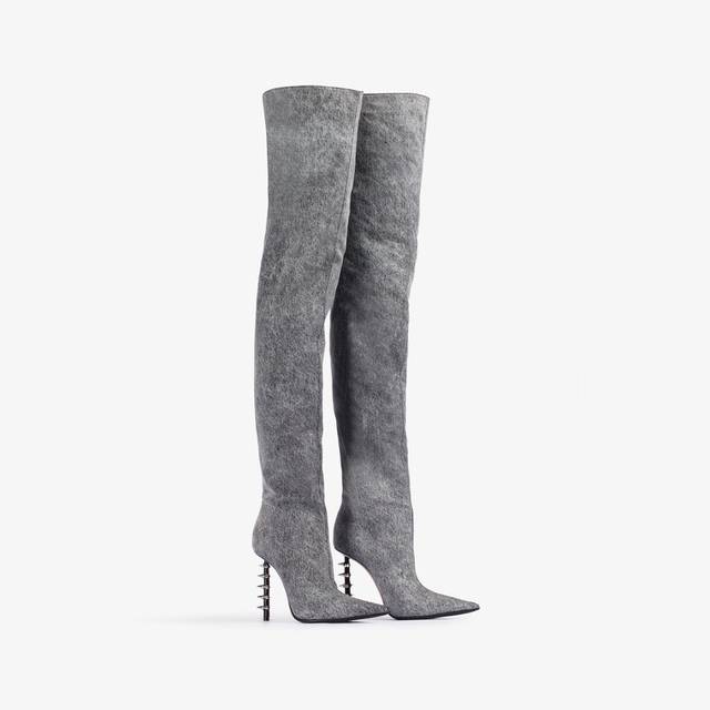Le Silla Stivale sopra il ginocchio denim stretch nero con borchie Online