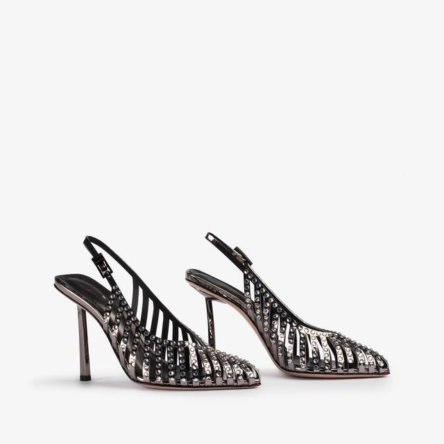 Le Silla Slingback gioiello con listini metallizzata peltro e Cristalli Nuovo