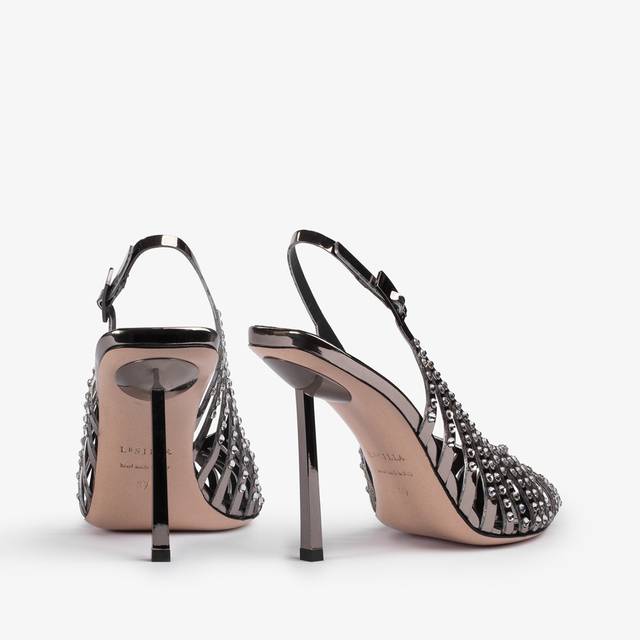 Le Silla Slingback gioiello con listini metallizzata peltro e Cristalli Nuovo