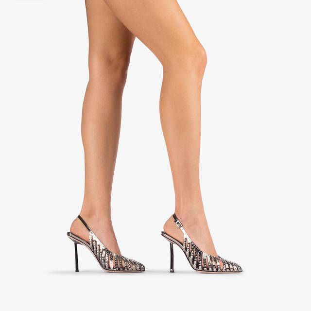 Le Silla Slingback gioiello con listini metallizzata peltro e Cristalli Nuovo