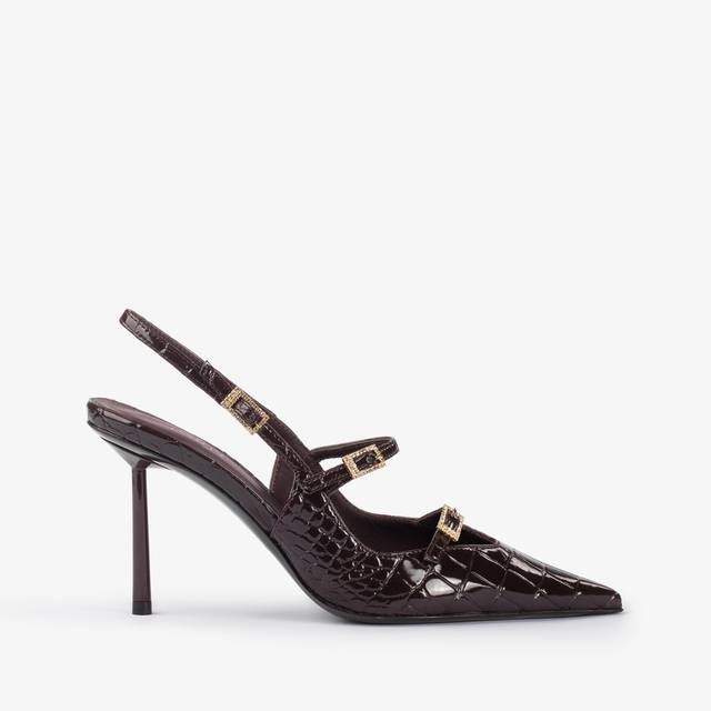 Le Silla Slingback con listini stampa coccodrillo marrone fondente Nuova
