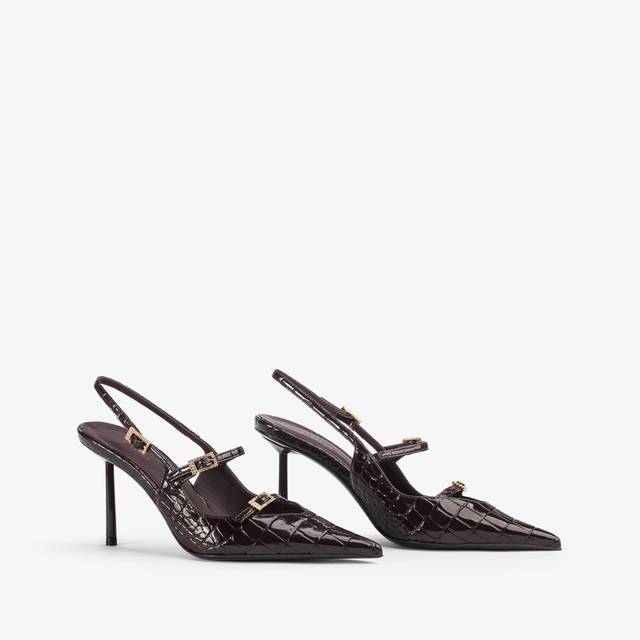 Le Silla Slingback con listini stampa coccodrillo marrone fondente Nuova