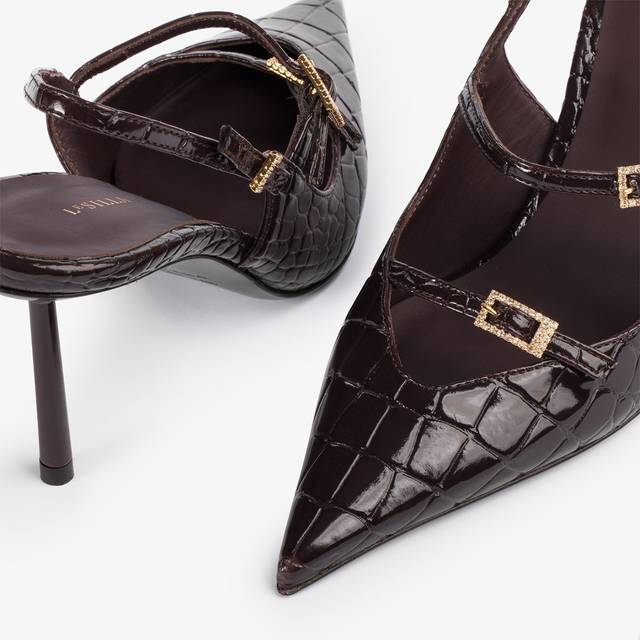 Le Silla Slingback con listini stampa coccodrillo marrone fondente Nuova