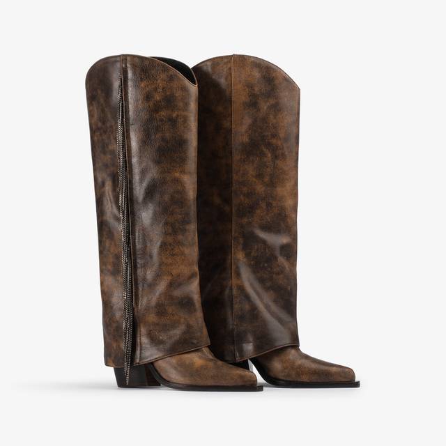 Le Silla Stivale al ginocchio d'ispirazione Western con risvolto pelle effetto vintage marrone Negozio online di fabbrica