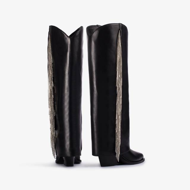 Le Silla Stivale al ginocchio d'ispirazione Western con risvolto nappa nera con frange argento Prezzo di fabbrica