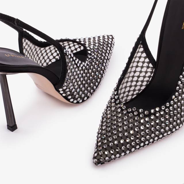 Le Silla Slingback gioiello rete nera e Cristalli argento Prezzo di fabbrica