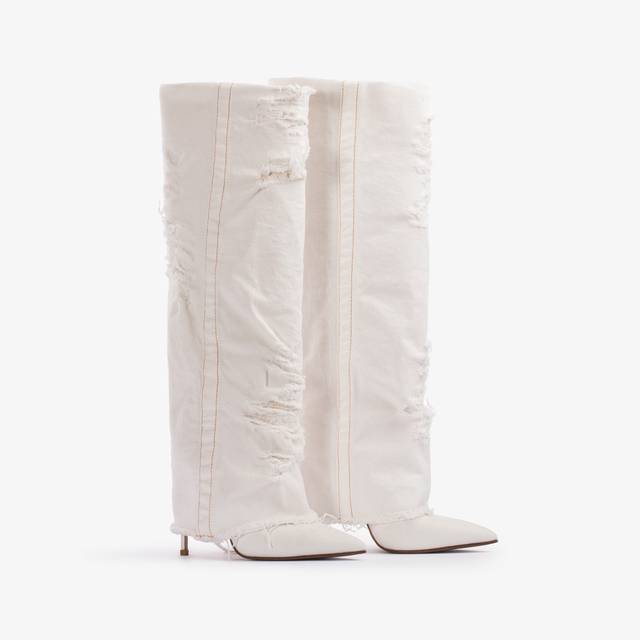 Le Silla Stivale al ginocchio con risvolto denim bianco distressed Duty-free