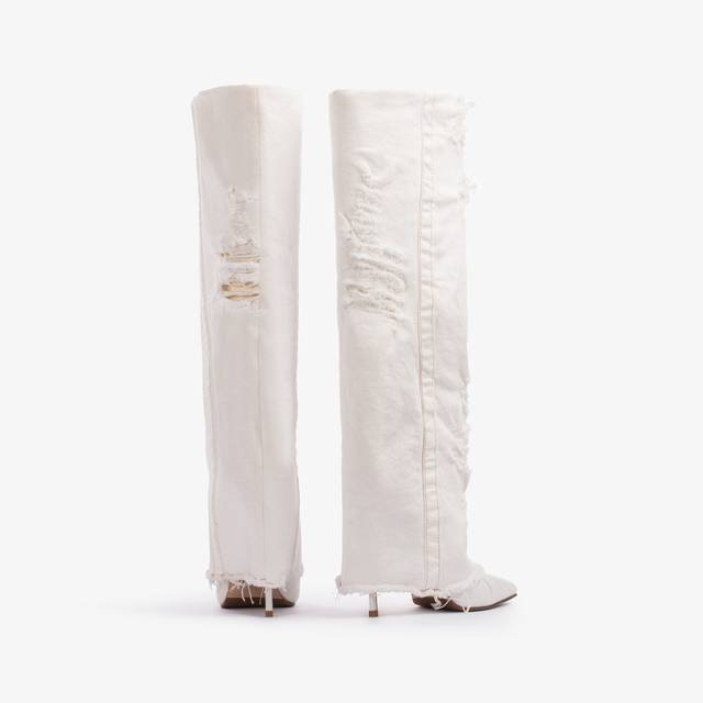 Le Silla Stivale al ginocchio con risvolto denim bianco distressed Duty-free