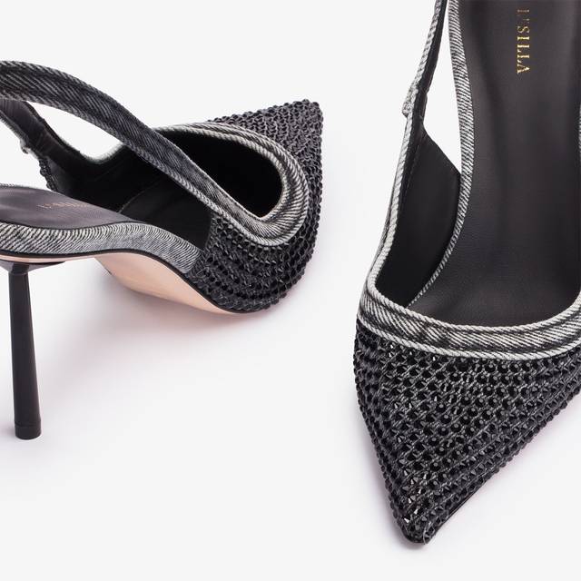 Le Silla Slingback gioiello denim nera e Cristalli In Vendita
