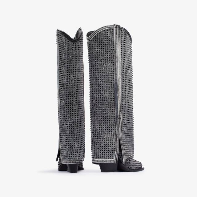 Le Silla Stivale al ginocchio con risvolto d'ispirazione Western denim e Cristalli nero jet Offerte speciali
