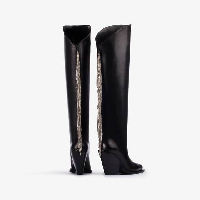 Le Silla Stivale al ginocchio d'ispirazione Western nappa nera con frange argento Enormi risparmi