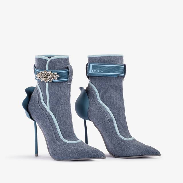 Le Silla Stivaletto denim stretch blu con Cristalli argento Shopping Online