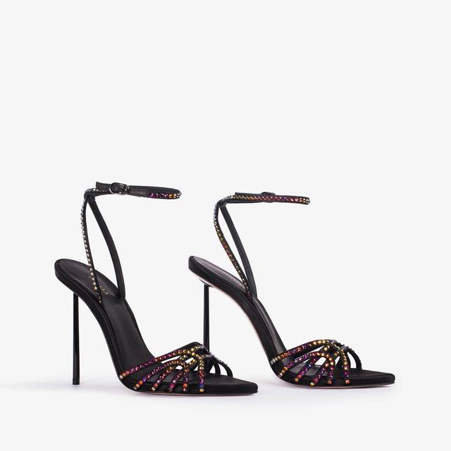 Le Silla Sandalo gioiello raso nero con Cristalli iridescenti Nuova