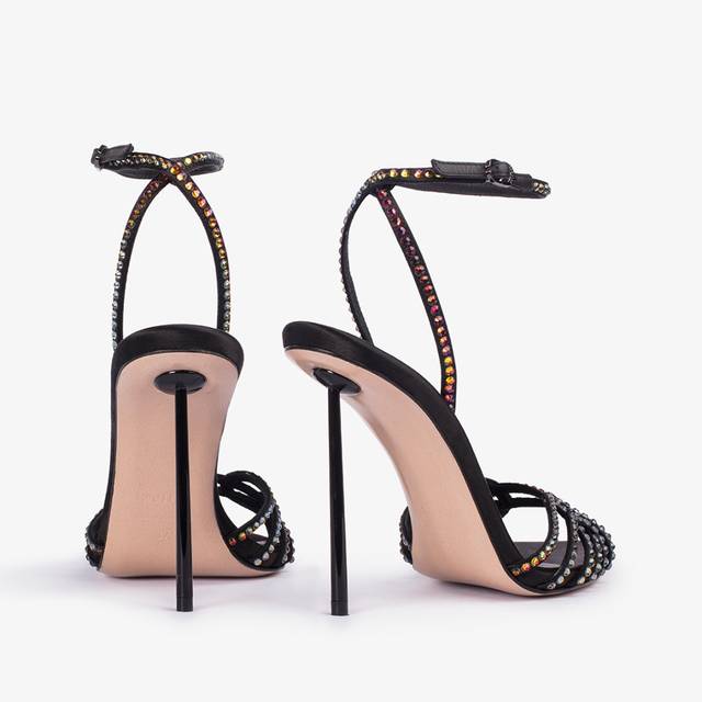 Le Silla Sandalo gioiello raso nero con Cristalli iridescenti Nuova