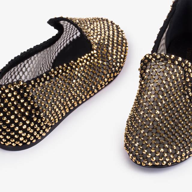 Le Silla Slipper gioiello rete nera e Cristalli oro Offerte speciali