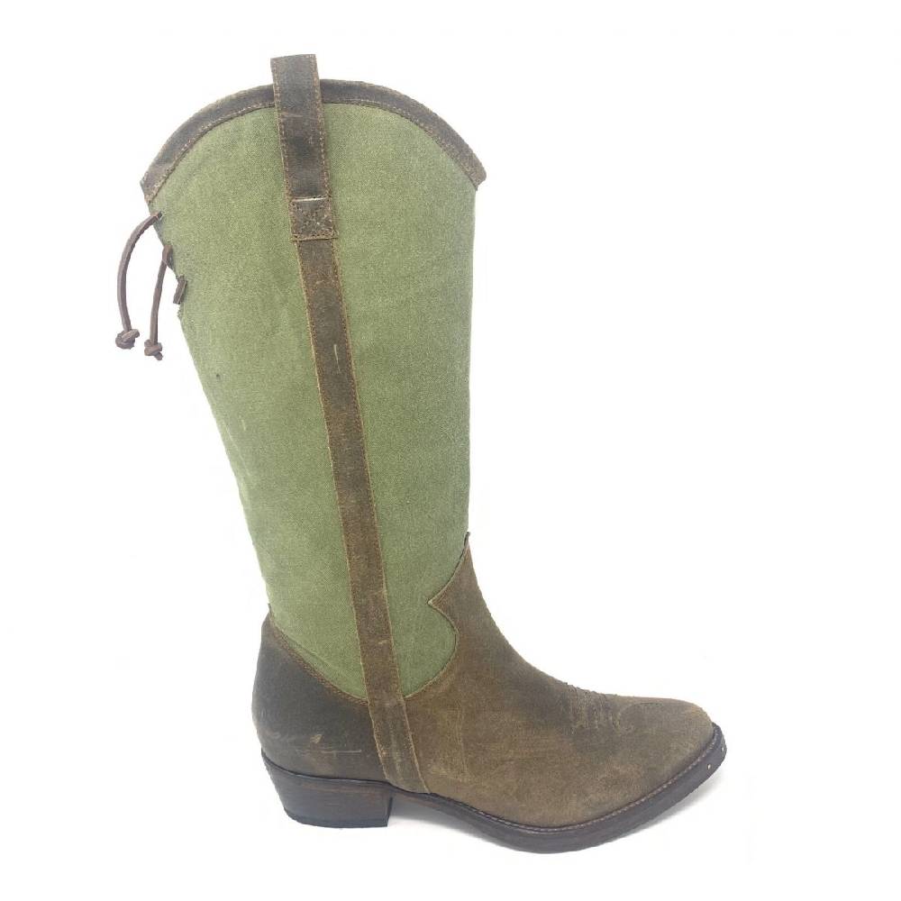 Passion Blanche Texano alto pelle vintage + tessuto militare originale e suola in cuoio
