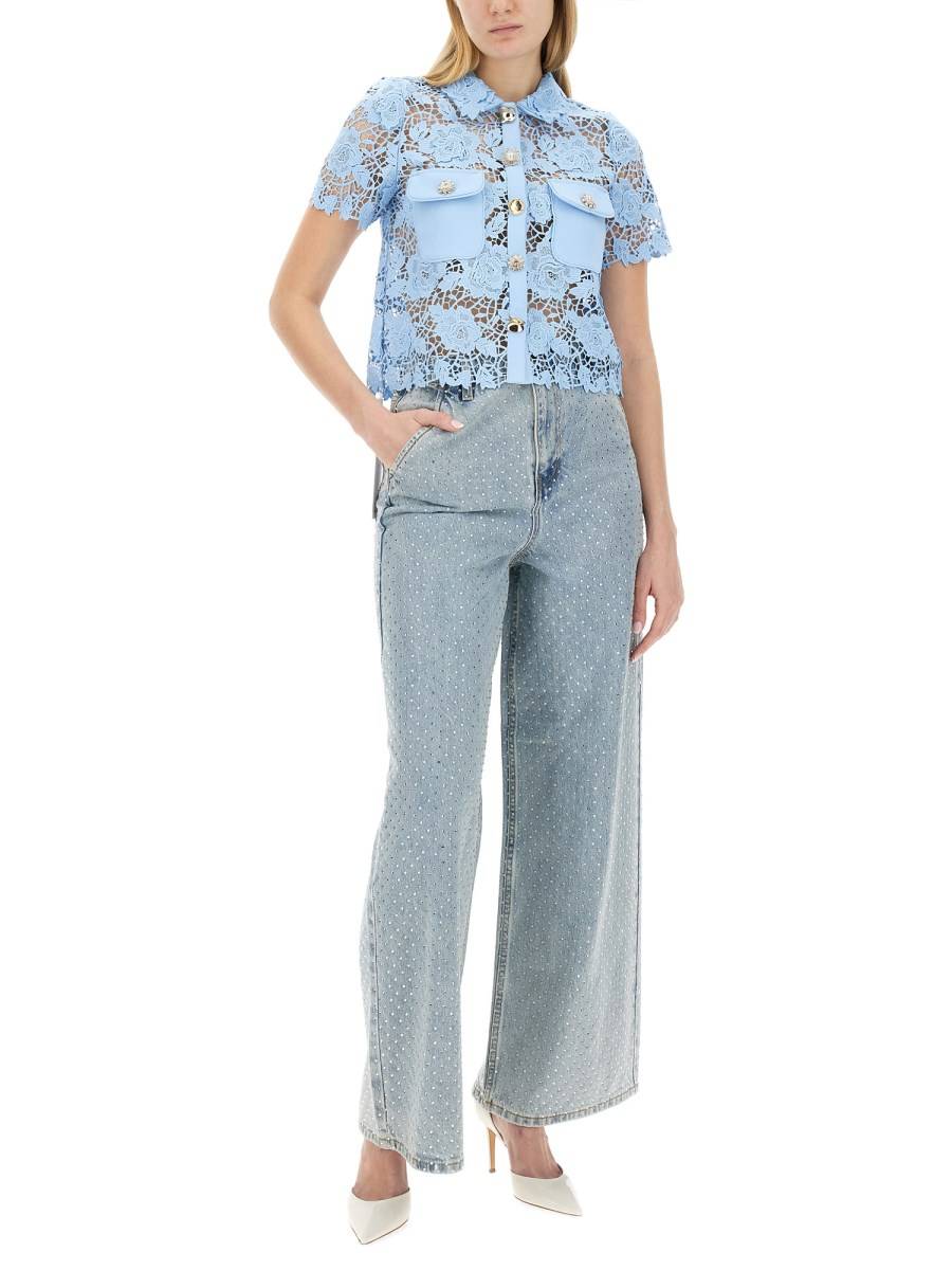 SELF-PORTRAIT JEANS WIDE LEG CON APPLICAZIONI STRASS Vendita Economica