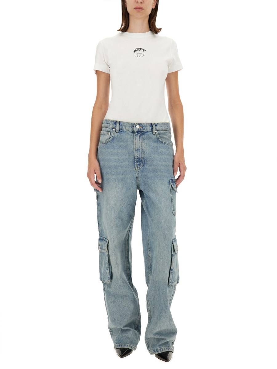 MOSCHINO JEANS T-SHIRT IN JERSEY DI COTONE CON STAMPA LOGO Latest fashion