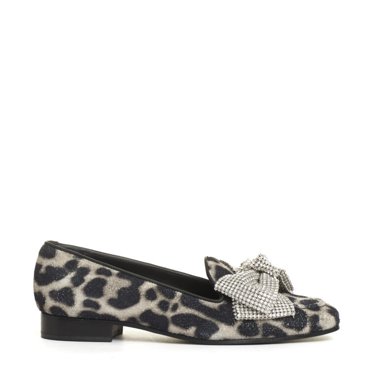 Sorelle Perego mocassino fiocco strass e stampa leopardo 2025