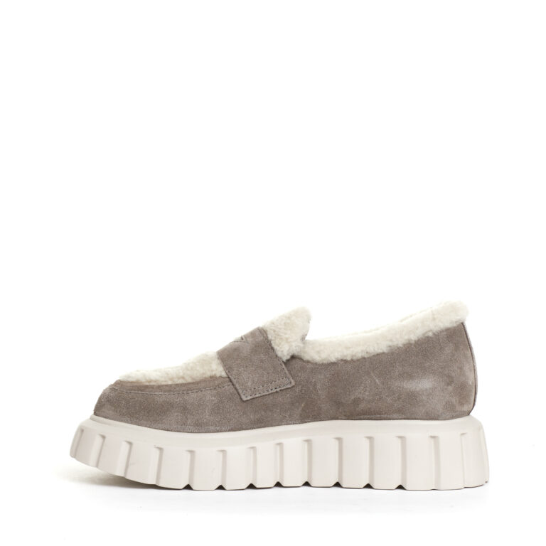 Sorelle Perego mocassino camoscio taupe e ecomontone Italia