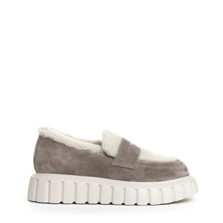 Sorelle Perego mocassino camoscio taupe e ecomontone Italia