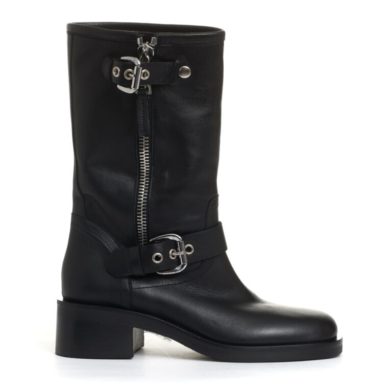 Sorelle Perego biker punta quadrata pelle nera fibbie tacco 50 mm