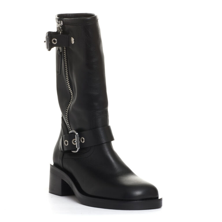 Sorelle Perego biker punta quadrata pelle nera fibbie tacco 50 mm Offerte