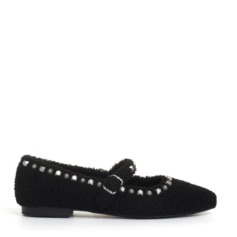 Sorelle Perego ballerina ecofur nero con cinturino e borchie In Linea