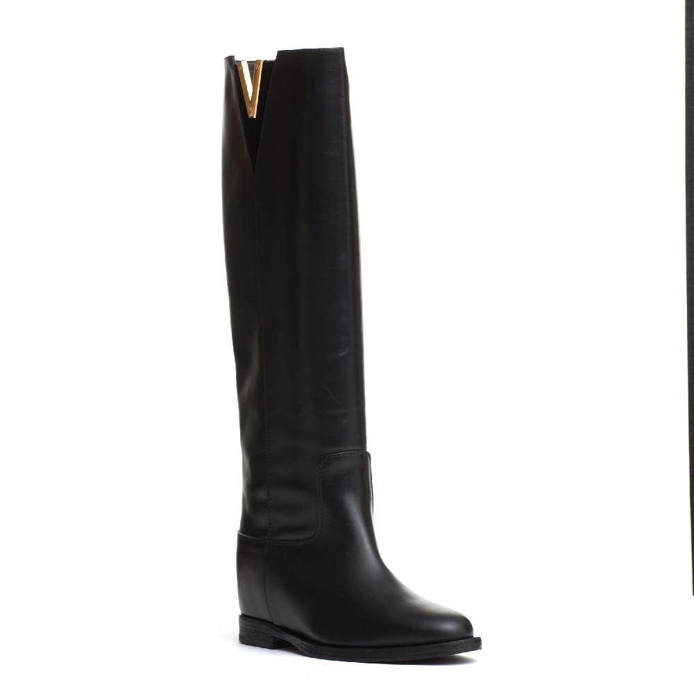 Sorelle Perego stivale pelle nera rialzo V oro e camoscio Saldi Di Fabbrica