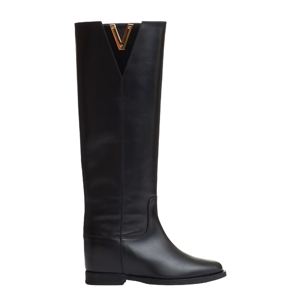 Sorelle Perego stivale pelle nera rialzo V oro e camoscio Saldi Di Fabbrica