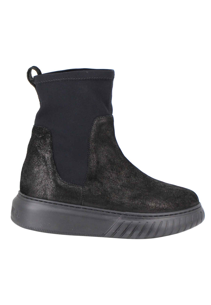 Spatarella Sneakers donna a stivaletto in pelle nera e tessuto elasticizzato in tinta suola in gomma alta Promozione