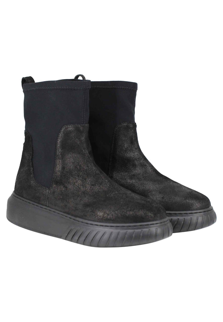 Spatarella Sneakers donna a stivaletto in pelle nera e tessuto elasticizzato in tinta suola in gomma alta Promozione