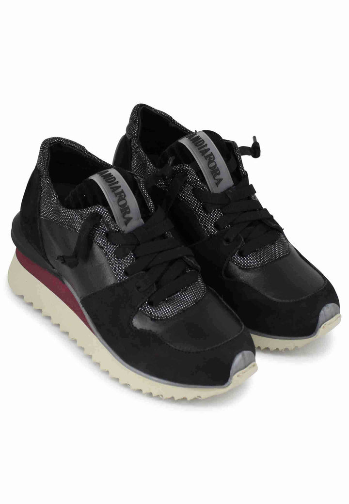 Spatarella Sneakers donna in pelle nera con fondo zeppa Soddisfazione Garantita