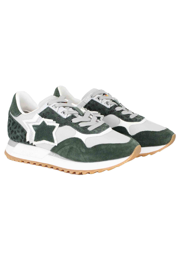 Spatarella Sneakers Ghalac donna in pelle verde e tessuto animalier con stelle in tinta Moda