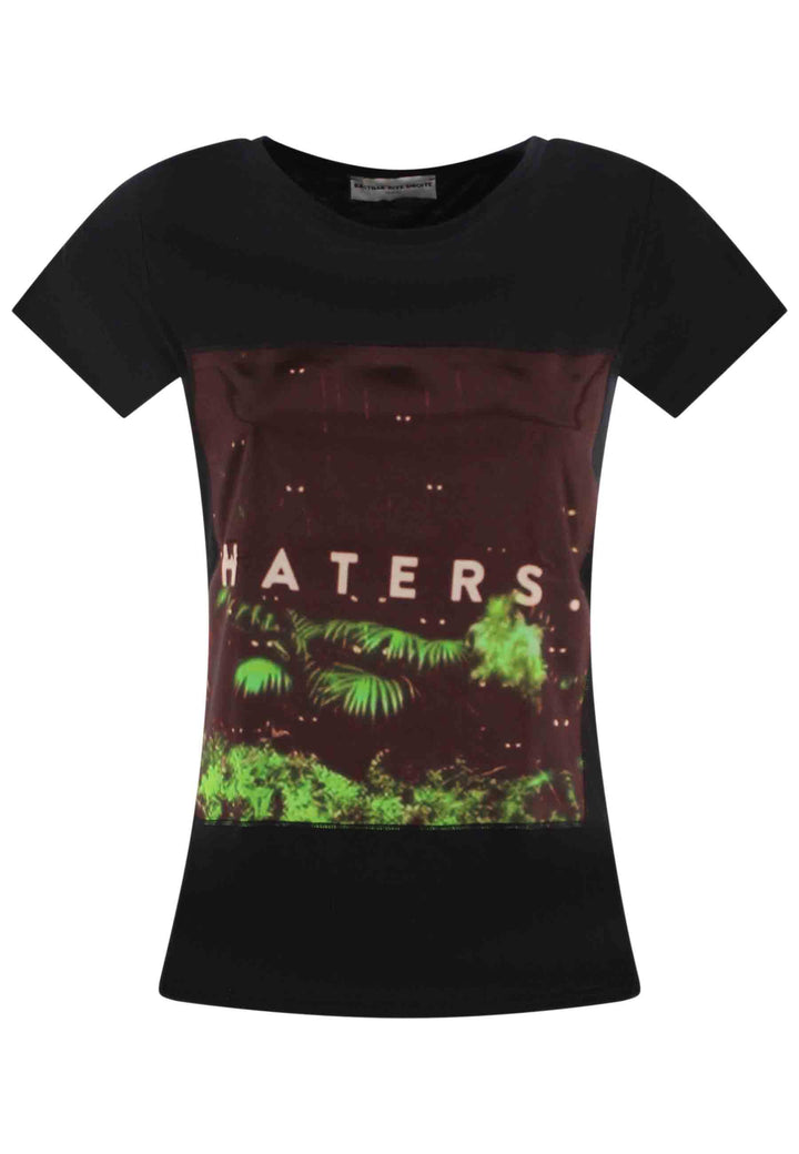 Spatarella T-shirt donna Icons in cotone nero con stampa in seta Economico