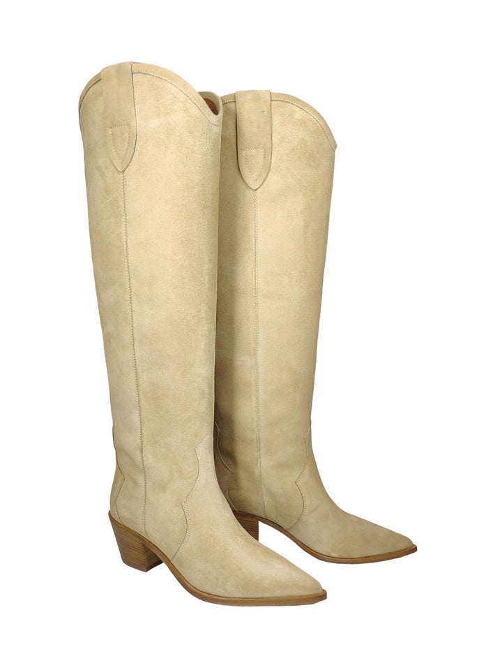 Spatarella Calzature Donna Stivali Texani In Camoscio Beige Tacco In Cuoio In Vendita