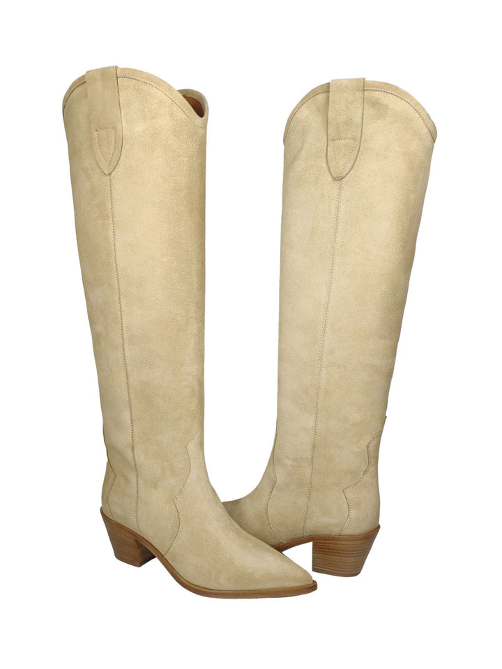 Spatarella Calzature Donna Stivali Texani In Camoscio Beige Tacco In Cuoio In Vendita