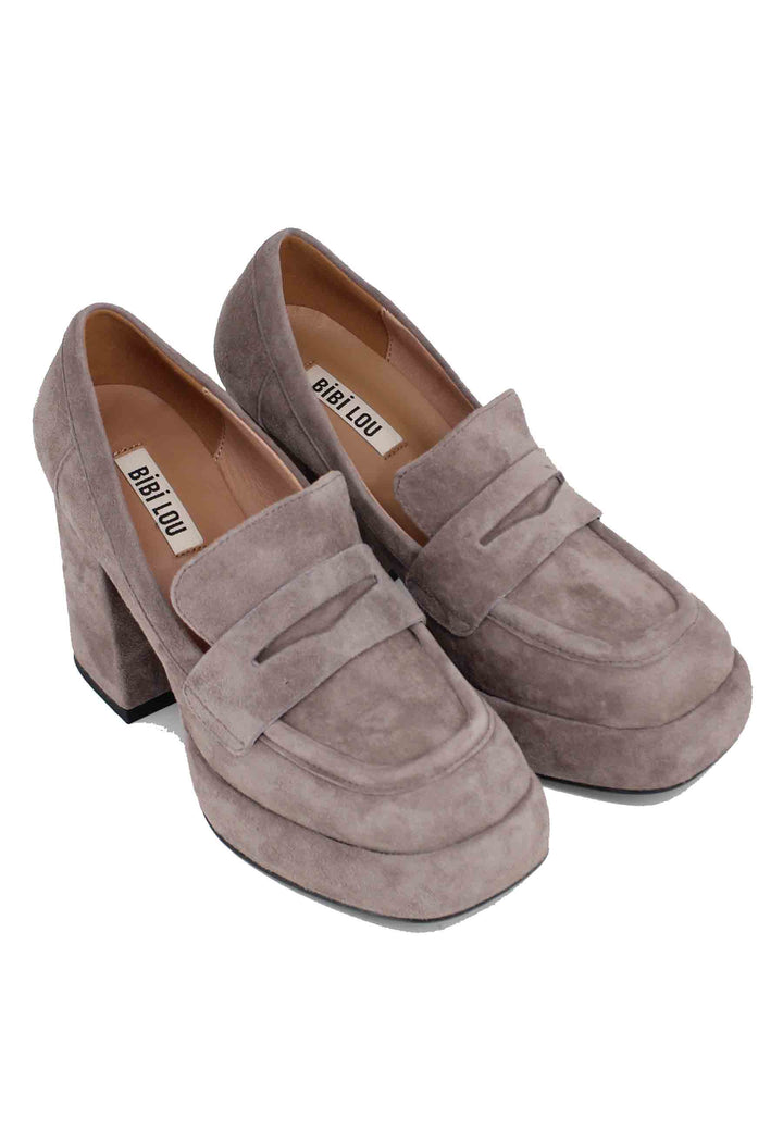 Spatarella Mocassini donna in camoscio grigio con tacco e plateau Natalie Vendita Calda