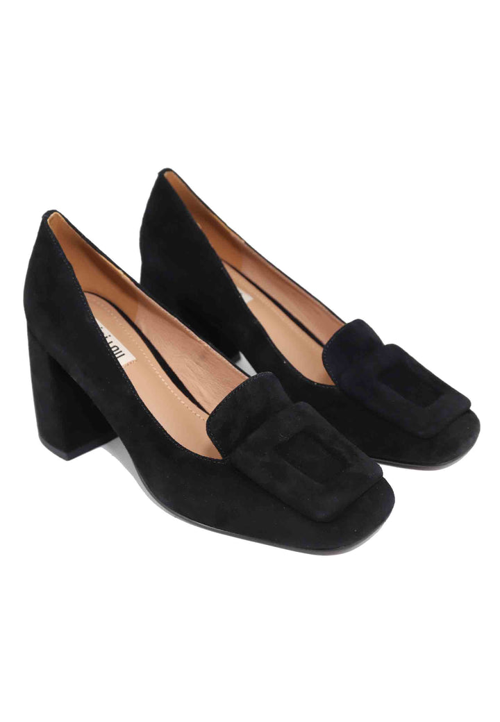 Spatarella Mocassini donna in camoscio nero con punta quadra e fibbia in tinta Marla Vendita Economica
