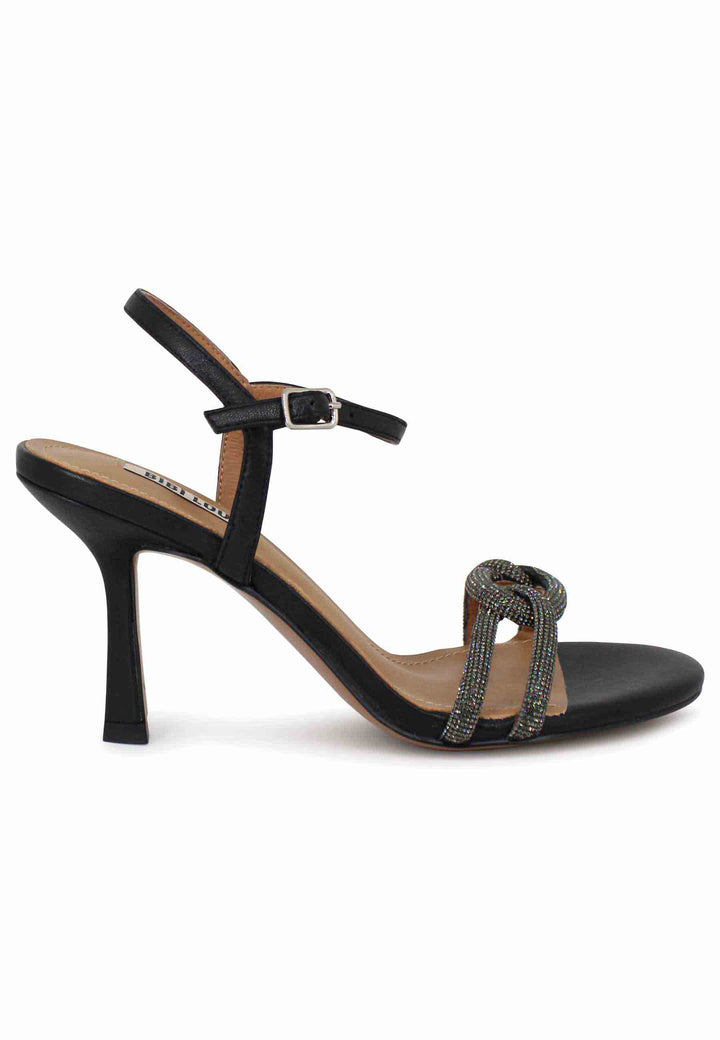 Spatarella Sandali donna Katia in pelle nera tacco alto con strass e cinturino alla caviglia Negozio