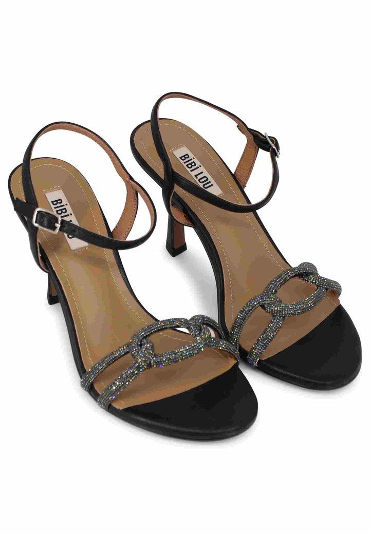 Spatarella Sandali donna Katia in pelle nera tacco alto con strass e cinturino alla caviglia Negozio