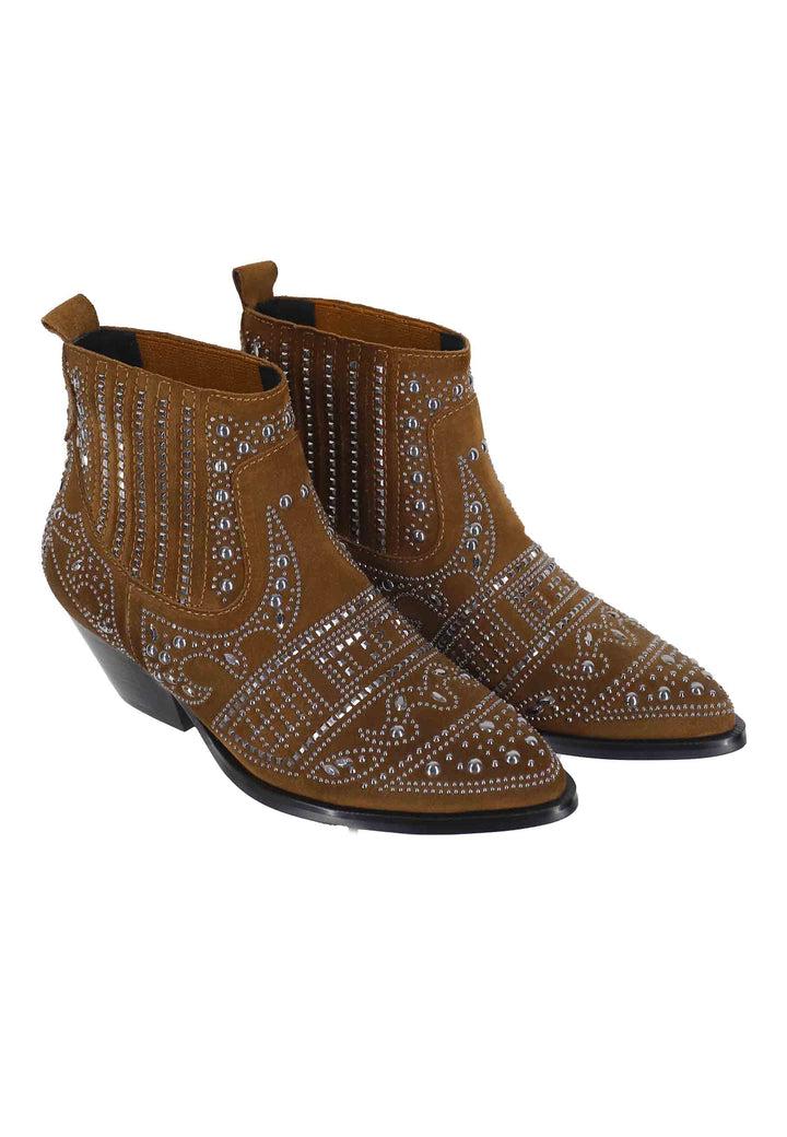 Spatarella Stivaletti texani donna in camoscio cuoio con borchie e tacco basso Soho Italia