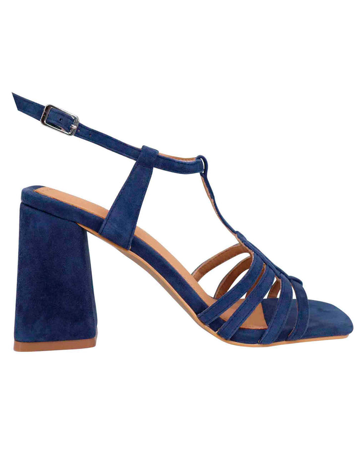 Spatarella Sandali donna in camoscio blu con tacco alto e punta quadra Ritorno libero