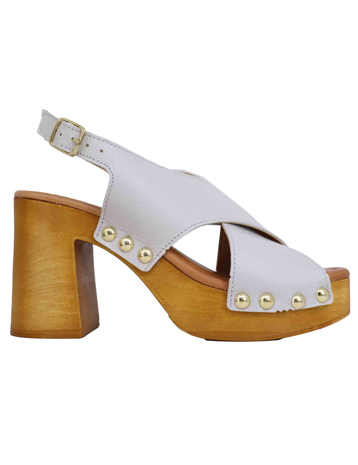 Spatarella Zoccoli slingback donna in pelle bianca con fibbie oro e tacco alto Ultimi tre giorni