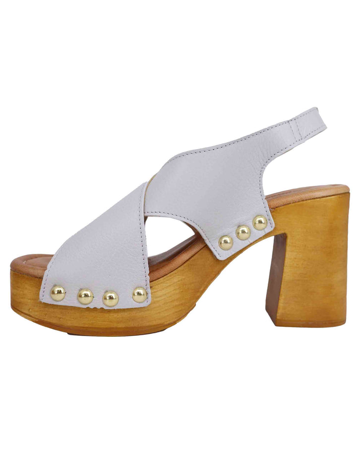 Spatarella Zoccoli slingback donna in pelle bianca con fibbie oro e tacco alto Ultimi tre giorni