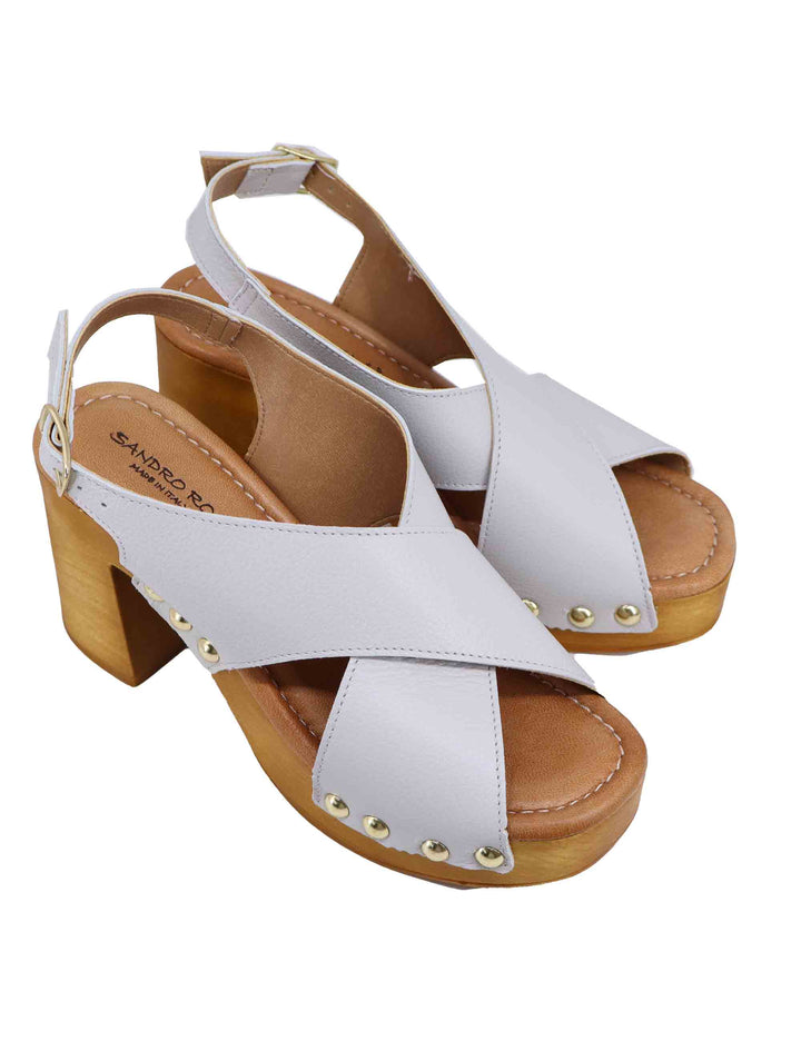 Spatarella Zoccoli slingback donna in pelle bianca con fibbie oro e tacco alto Ultimi tre giorni