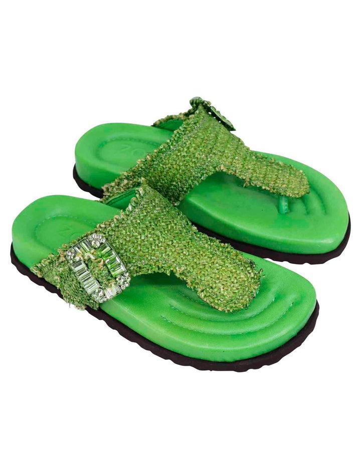 Spatarella Sandali infradito donna in rafia e pelle verde con fussbett alto ACQUISTA ORA