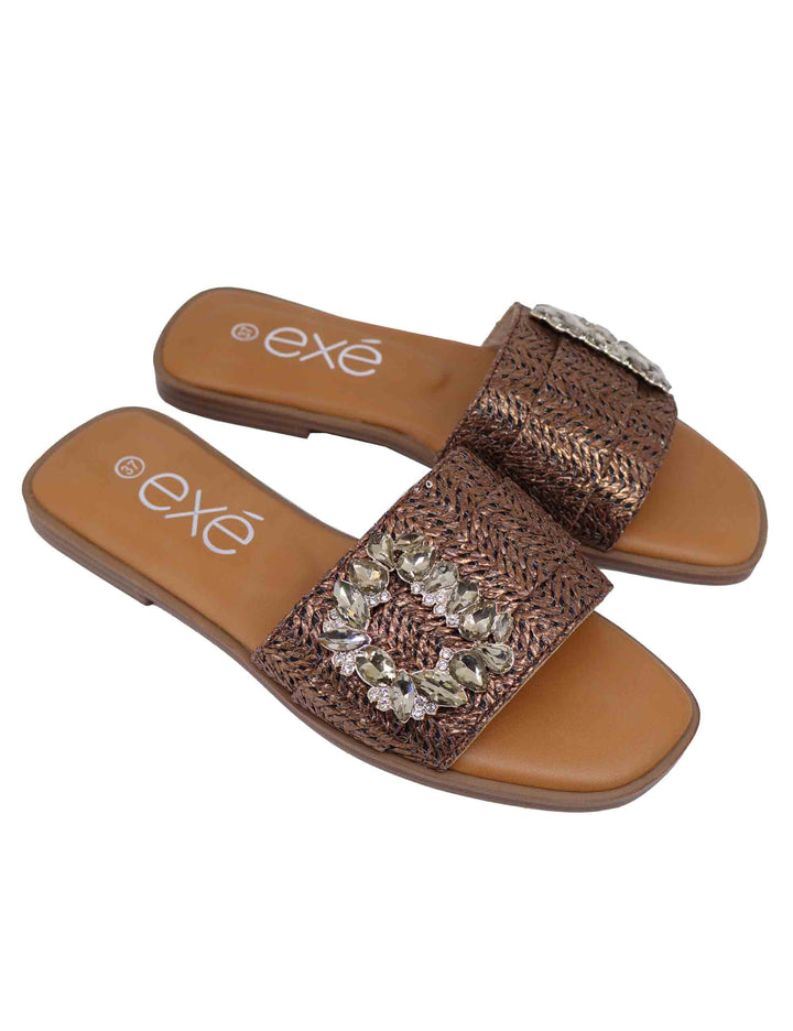 Spatarella Sandali flat donna in tessuto bronzo con fibbia in strass Fino al 60% di sconto